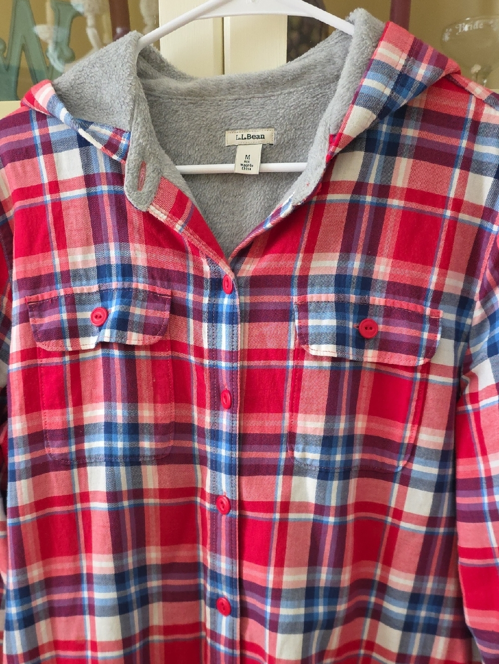 L.L.Bean Red, Blue & White Plaid Hooded Fleece Lined Flannel Shirt